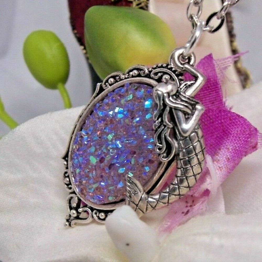 Christmas Gift Daughter Sister Mermaid Silver Necklace Purple Druzy Cameo Charm 27$